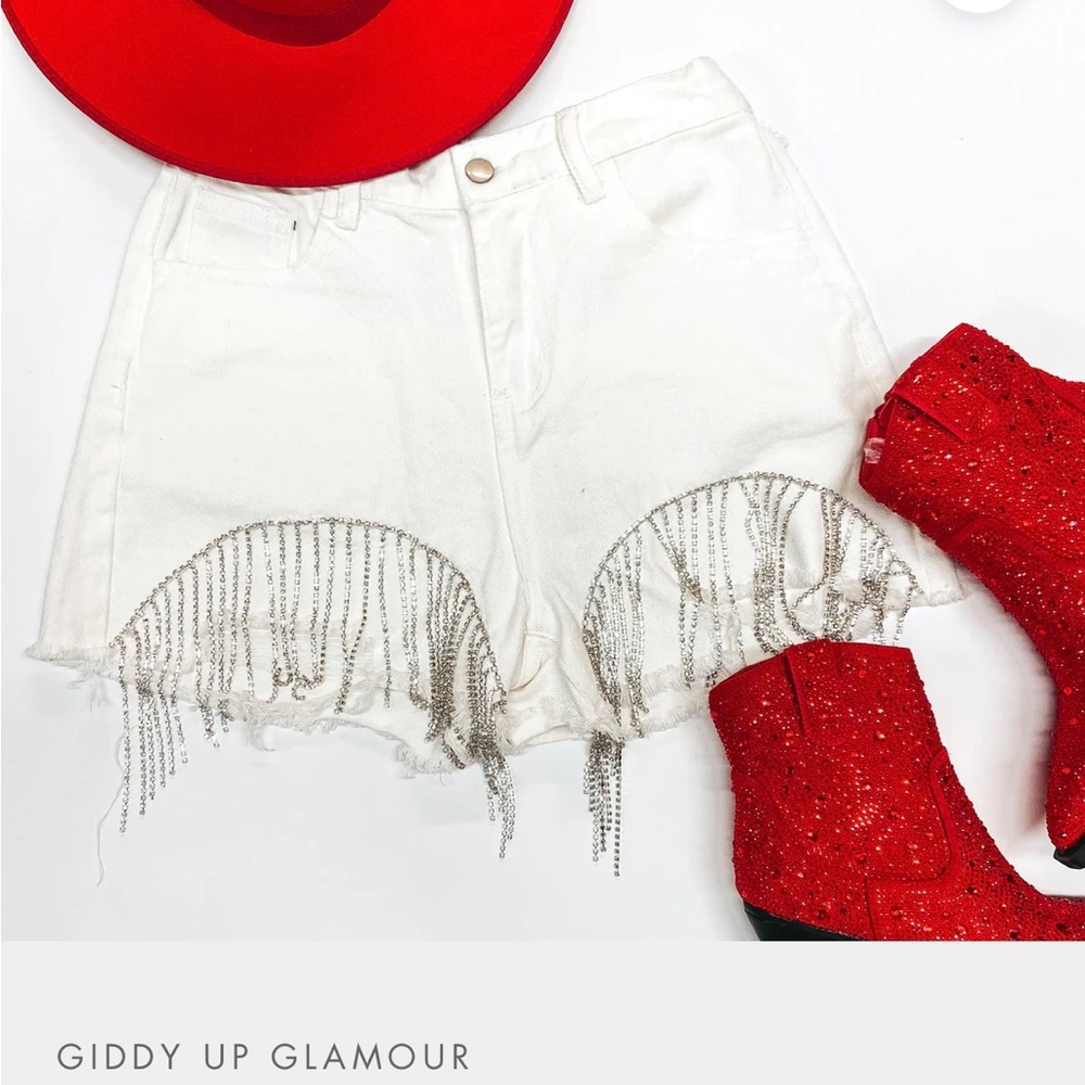 Giddy Up Glamour Saddle Up Crystal Fringe Distressed Denim Shorts